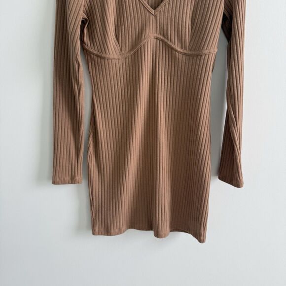 Princess Polly Knit Ribbed Brown Mini Dress Long Sleeve Minimalist Party Sz 8 - Picture 3 of 9